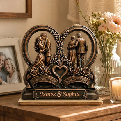 From Our First Kiss Till Our Last Breath 2-Layer Wooden Plaque, with Embracing Couple, Personalized Unique Gift for Partners
