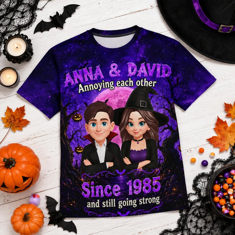 Personalized Printed Classic Tee, Halloween Couple with Arms Crossed Under a Full Moon, Unique Gift