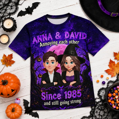 Personalized Printed Classic Tee, Halloween Couple with Arms Crossed Under a Full Moon, Unique Gift