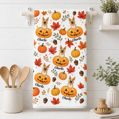 Personalized Kitchen Towel, Playful Dog Peeking from Pumpkins, Unique Fall Gift for Pet Owners