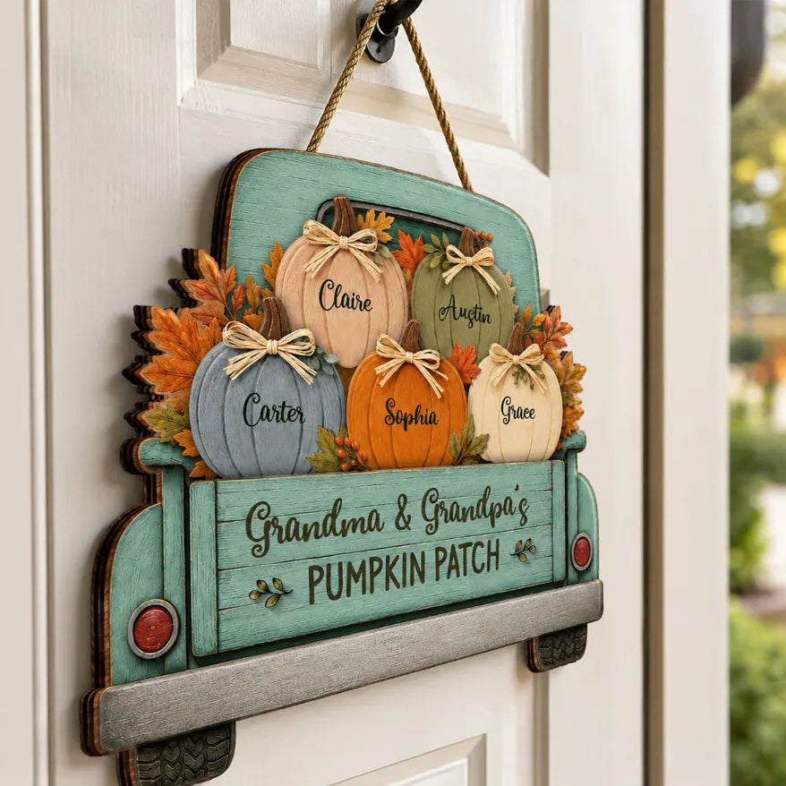Personalized Wooden Sign with Vintage Pumpkin Truck & Autumn Leaves, Heartwarming Decor, Creative Gift for Grandparents