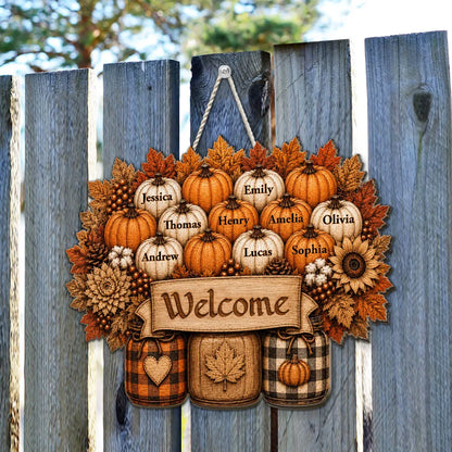 Family Welcome Wooden Sign with Fall Pumpkin Design, Personalized Front Door Decor, Creative Gift for Family
