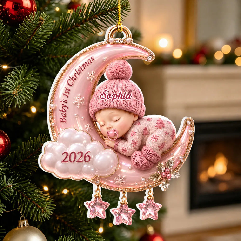 Personalized Acrylic Ornament, Sleeping Baby on Pink Moon, Christmas Tree Keepsake, Unique Gift for New Parents