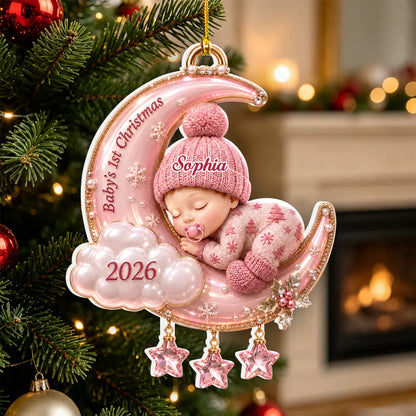 Personalized Acrylic Ornament, Sleeping Baby on Pink Moon, Christmas Tree Keepsake, Unique Gift for New Parents