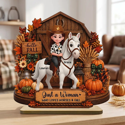 Personalized 2-Layer Wooden Plaque, Cowgirl Riding a Horse by an Autumn Barn, Unique Gift for Horse Lovers