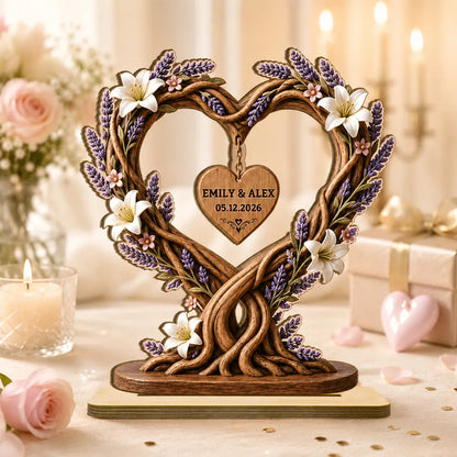 Personalized Wooden Plaque, Floral Heart Tree of Life, Unique Anniversary Gift for Couple
