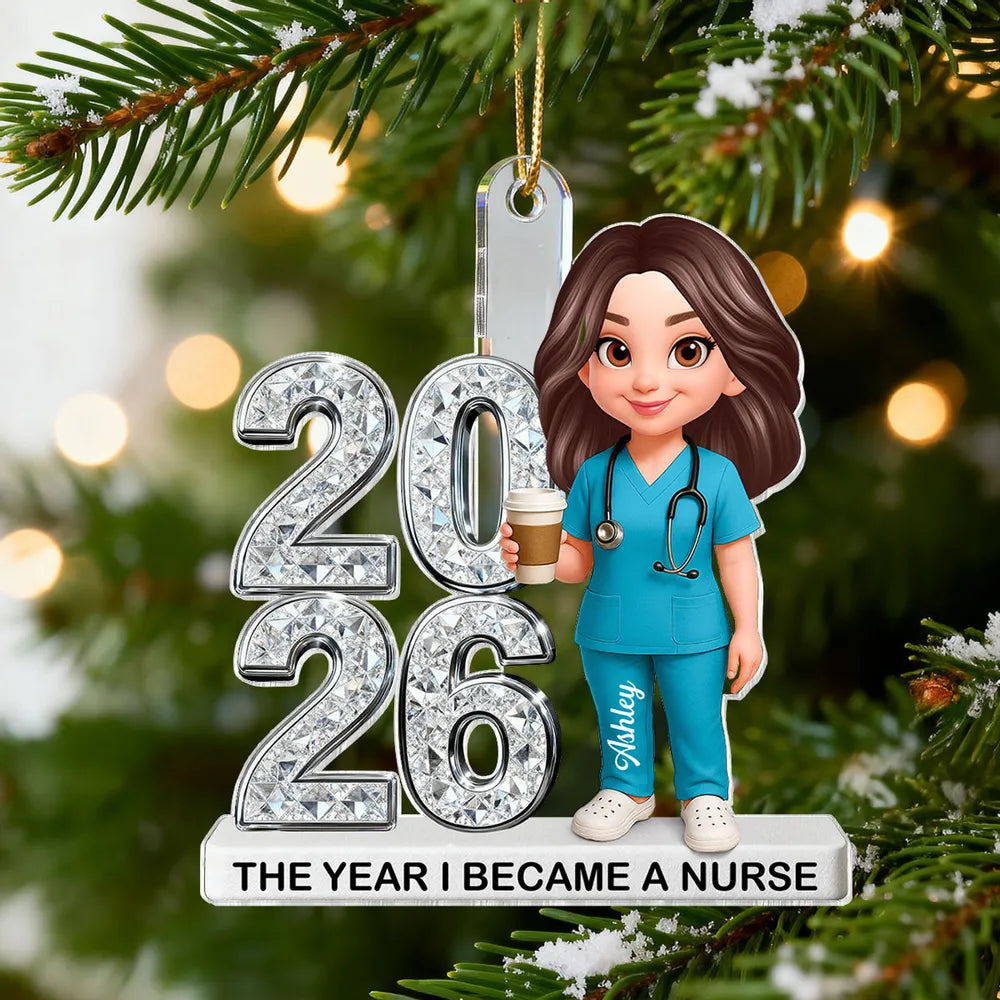 Personalized Acrylic Ornament, Proud Nurse Holding Coffee on a Christmas Tree, Creative Milestone Gift