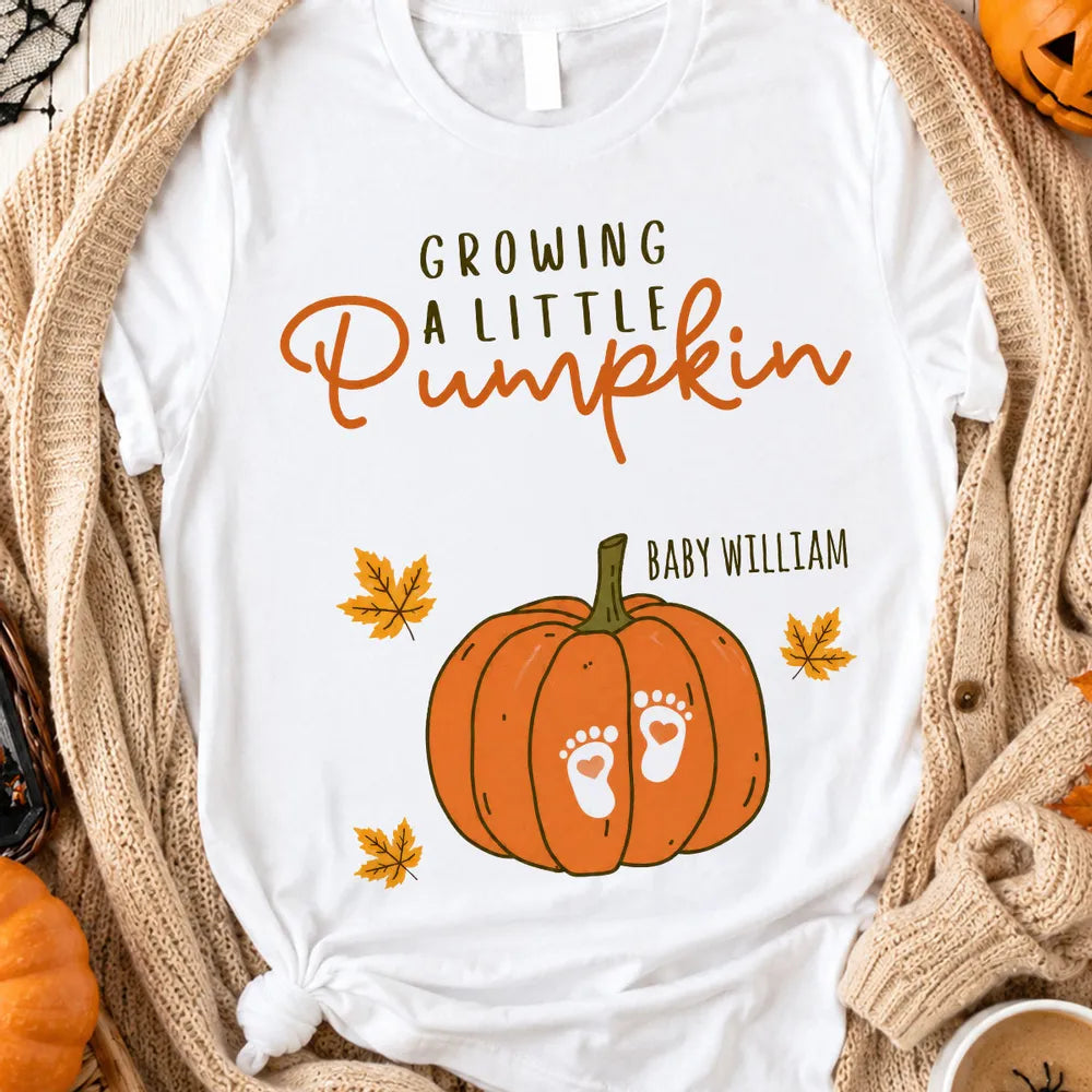 Personalized Classic Tee, Pumpkin and Baby Footprints Fall Design, Unique Gift for Mom-to-Be