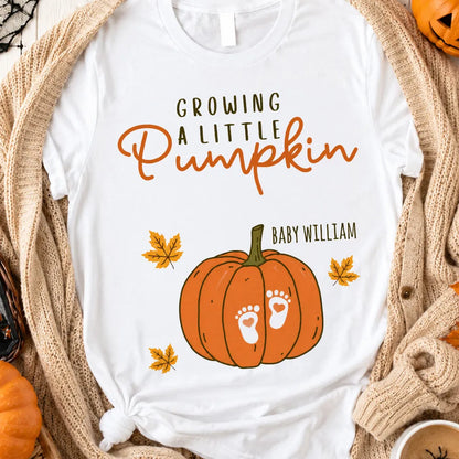 Personalized Classic Tee, Pumpkin and Baby Footprints Fall Design, Unique Gift for Mom-to-Be