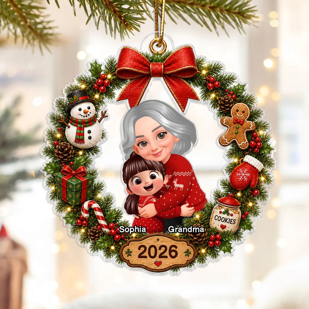 Personalized Acrylic Ornament, Red and Evergreen Grandma Hug Wreath, Unique Christmas Gift for Grandma