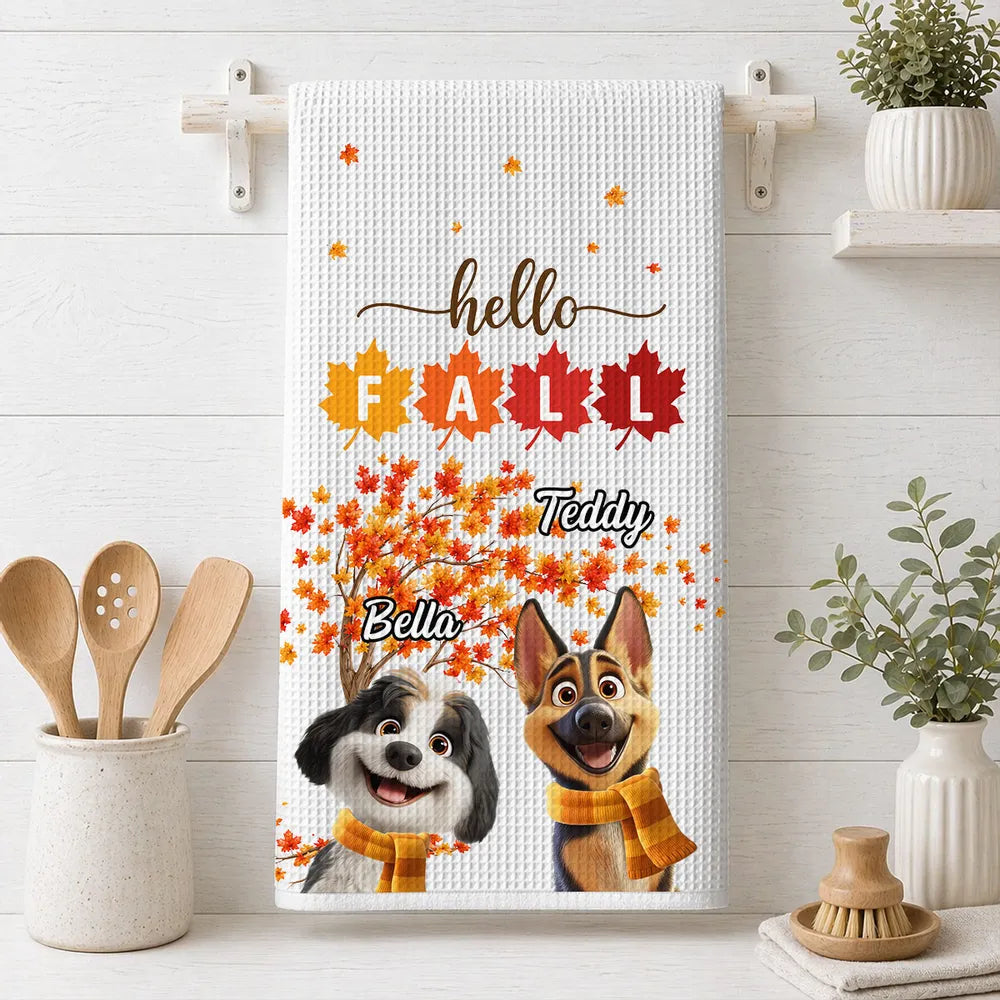 Hello Fall Personalized Kitchen Towel, Smiling Dog by an Autumn Tree, Creative Gift for Pet Owners