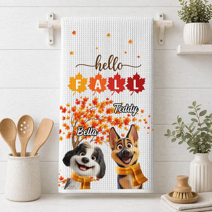 Hello Fall Personalized Kitchen Towel, Smiling Dog by an Autumn Tree, Creative Gift for Pet Owners
