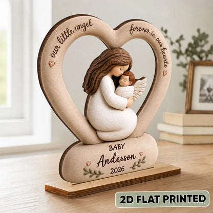 Our Little Angel Forever in Our Hearts Personalized 2-Layer Wooden Plaque, Mother Cradling Baby Angel, Creative Family Gift