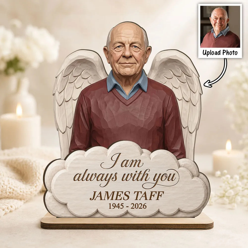 Personalized Wooden Plaque with Custom Memorial Portrait and Angel Wings, Unique Sympathy Gift for Family
