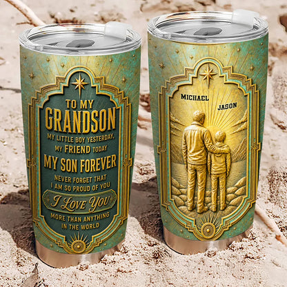 Personalized Insulated Travel Tumbler, Vintage Teal Proud of You Quote and Lakeside Embrace, Unique Gift for Grandson