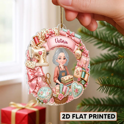 Personalized Acrylic Ornament, Crafting Woman Holding Fabric, Unique Sewing Gift for Mom, Wife or Sister