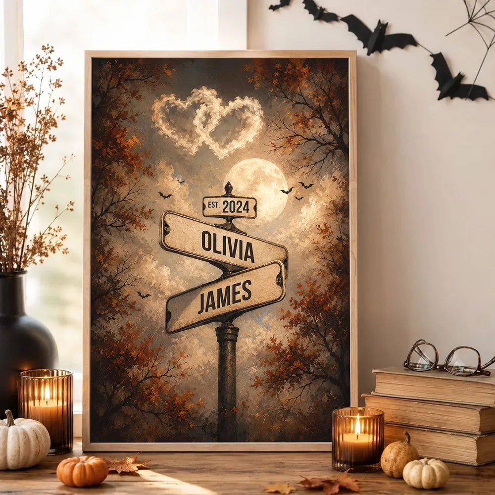 Personalized Poster with Couple Street Signs, Full Moon and Bats, Unique Halloween Gift for Couples