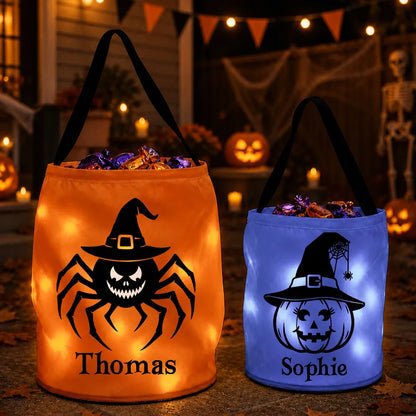 LED Light Up Fabric Basket, Personalized Spider and Pumpkin Keepsake for Trick or Treating, Creative Kids Gift