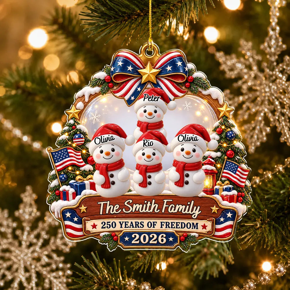 Custom USA Flag Snowman Family Ornament, Personalized Acrylic Christmas Keepsake for Your Family
