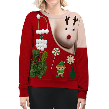 Personalized Printed Sweatshirt, Funny Reindeer Illusion for Smiling Couples at Christmas Parties, Unique Creative Gift