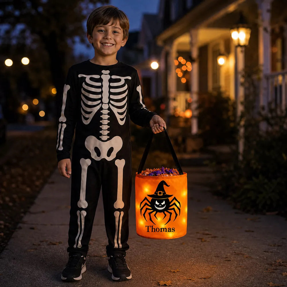 LED Light Up Fabric Basket, Personalized Spider and Pumpkin Keepsake for Trick or Treating, Creative Kids Gift