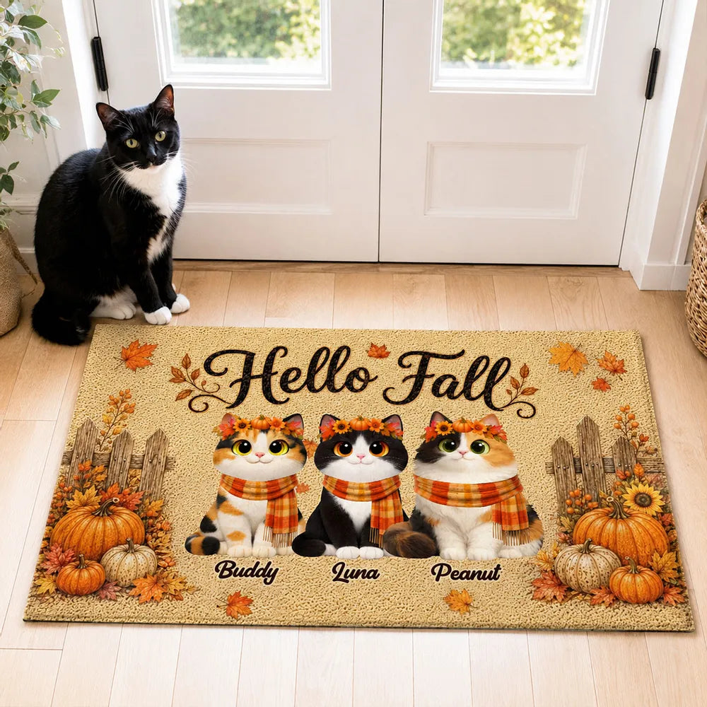 Personalized Standard Doormat with Sitting Cats, Pumpkins and Leaves, Creative Housewarming Gift for Pet Owners