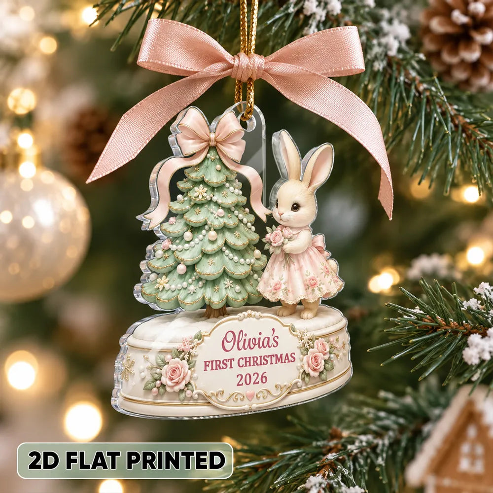 Personalized Acrylic Ornament, Bunny Holding a Teddy by a Christmas Tree, Unique Newborn Gift
