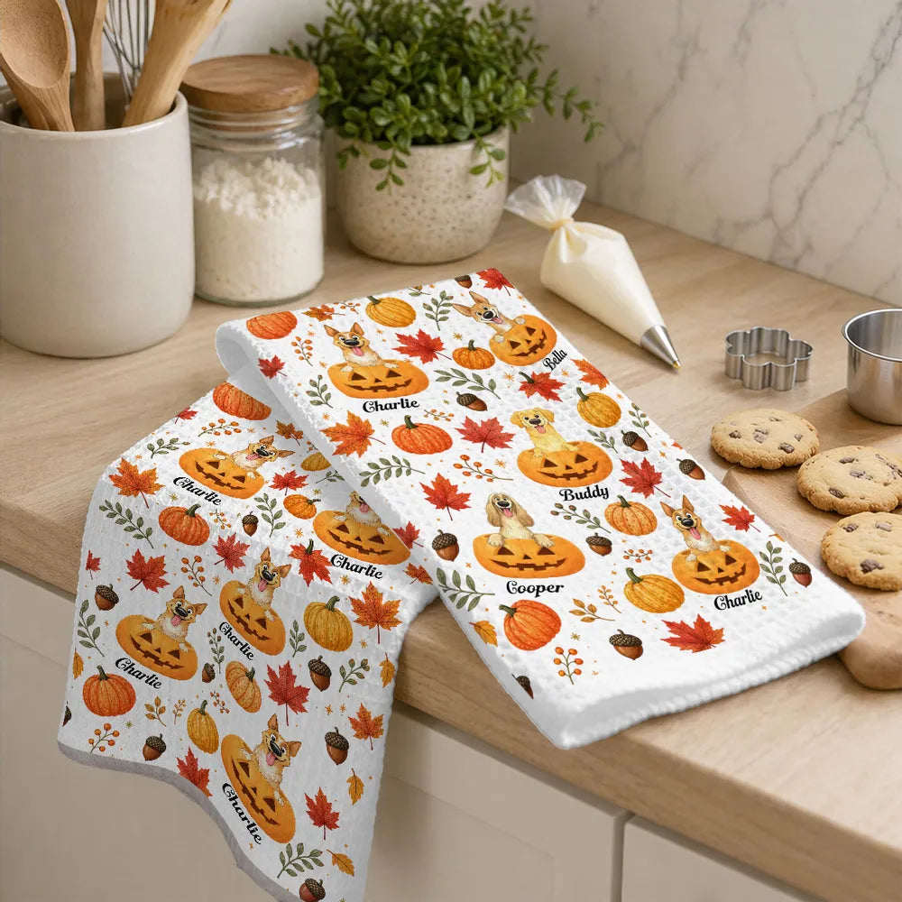 Personalized Kitchen Towel, Playful Dog Peeking from Pumpkins, Unique Fall Gift for Pet Owners