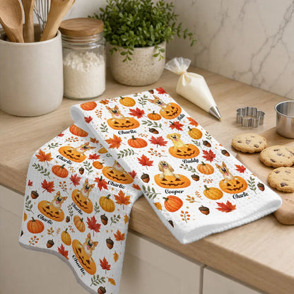 Personalized Kitchen Towel, Playful Dog Peeking from Pumpkins, Unique Fall Gift for Pet Owners