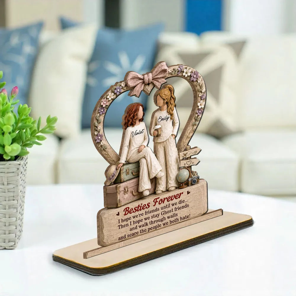 Besties Forever 2-Layer Wooden Plaque, Personalized Floral Heart with Friends Sitting Together, Creative Gift for Best Friend