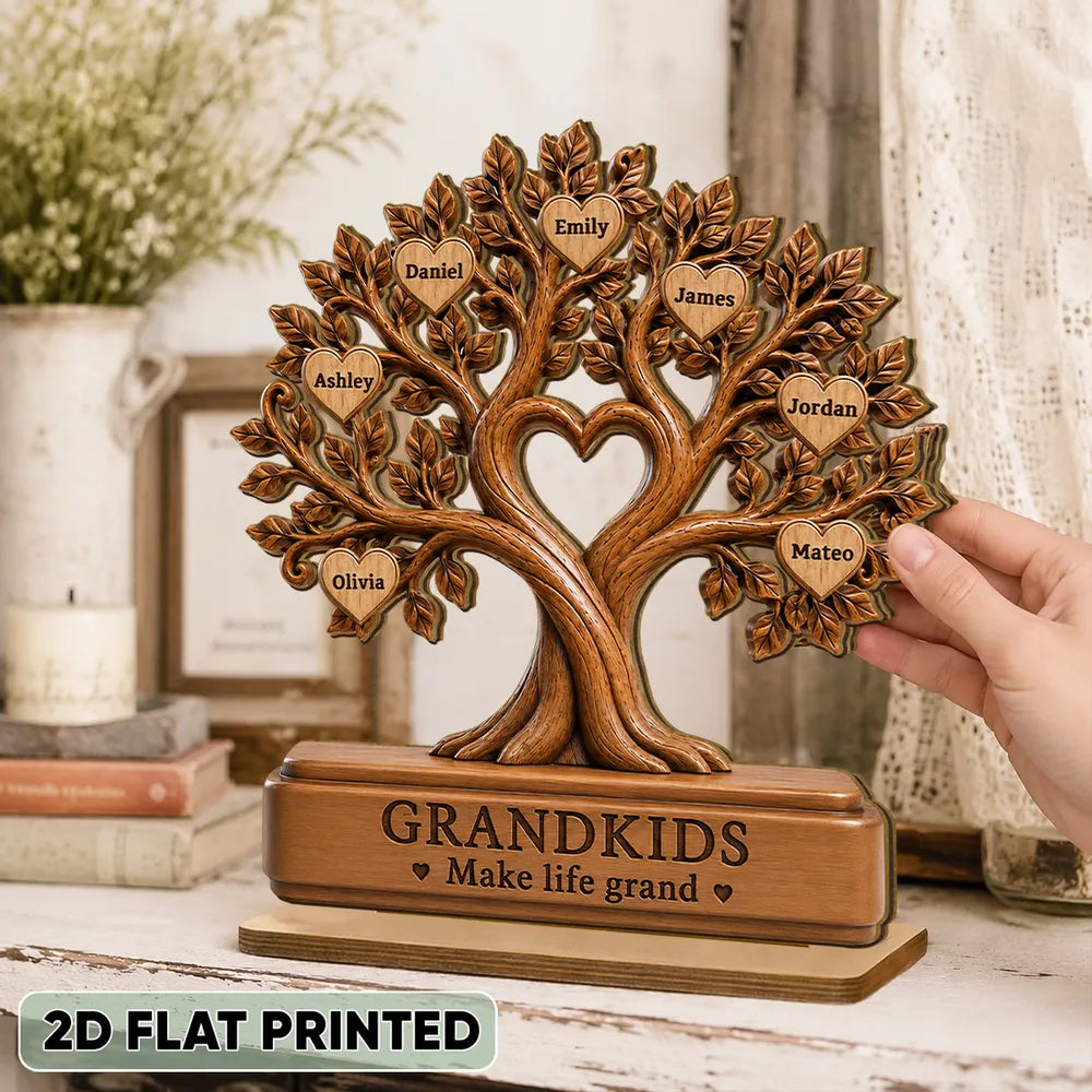 Grandkids Make Life Grand Personalized 2-Layer Wooden Plaque, Warm Brown Family Tree, Unique Gift for Grandparents
