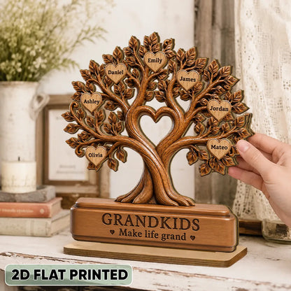 Grandkids Make Life Grand Personalized 2-Layer Wooden Plaque, Warm Brown Family Tree, Unique Gift for Grandparents