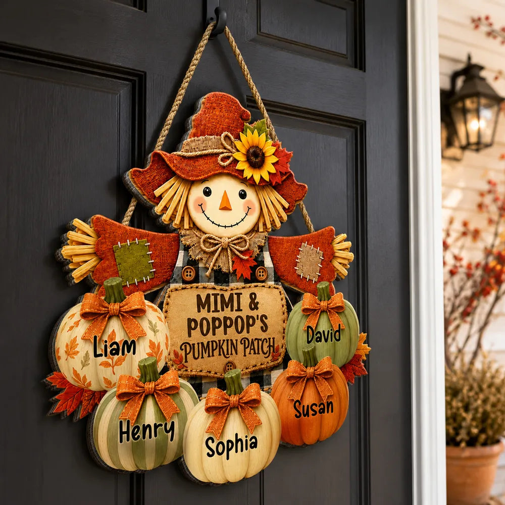 Personalized Wooden Sign with Smiling Scarecrow & Pumpkins, Autumn Porch Decor, Unique Gift for Grandparents