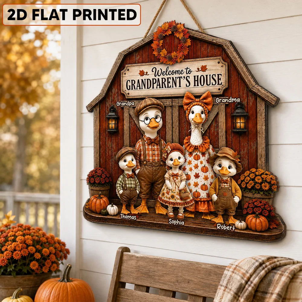 Personalized Wooden Sign, Rustic Autumn Goose Family at Grandparents' House, Unique Gift for Grandma & Grandpa