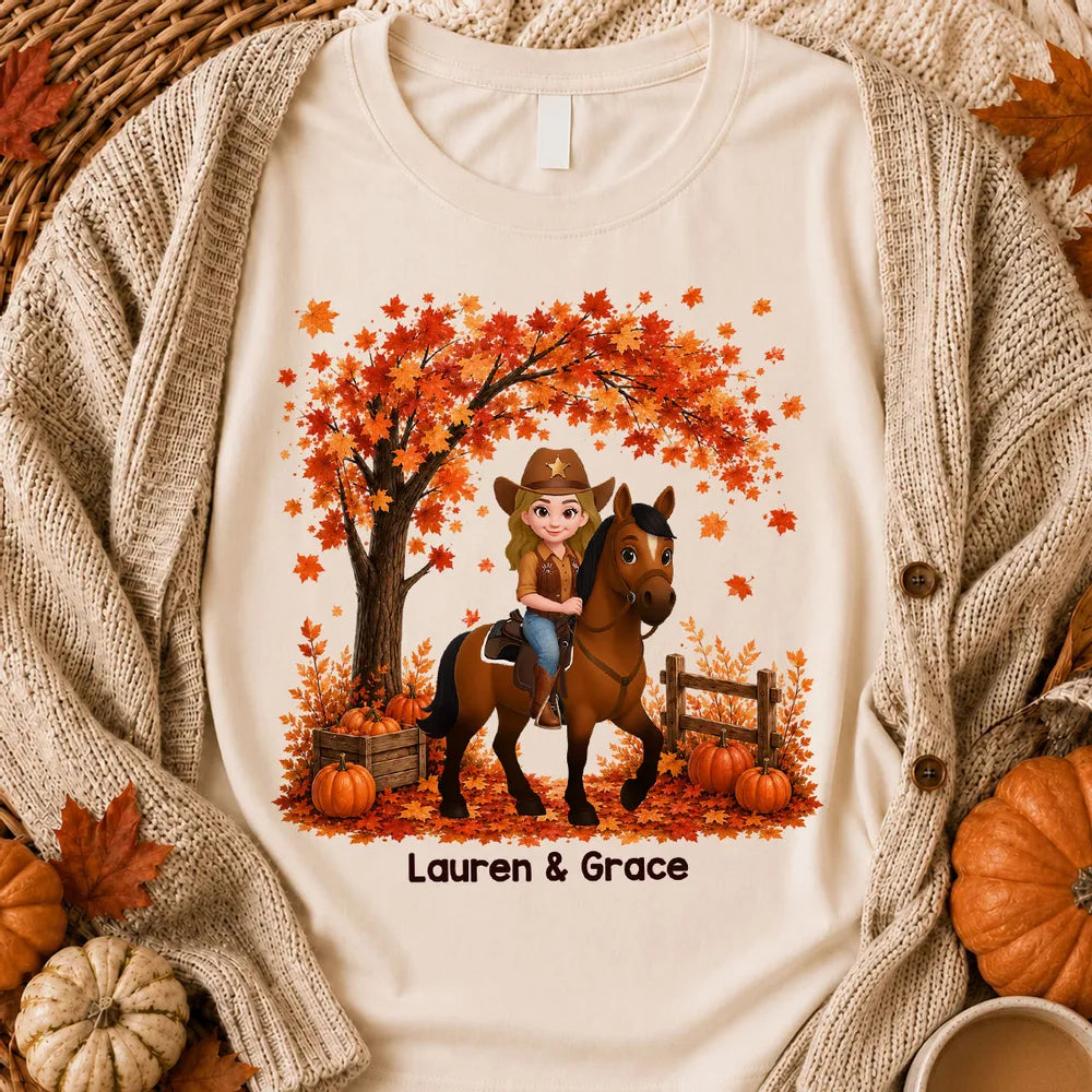 Personalized Classic Tee with Cartoon Cowgirl Riding a Horse in an Orange Fall Scene, Creative Gift for Horse Lovers