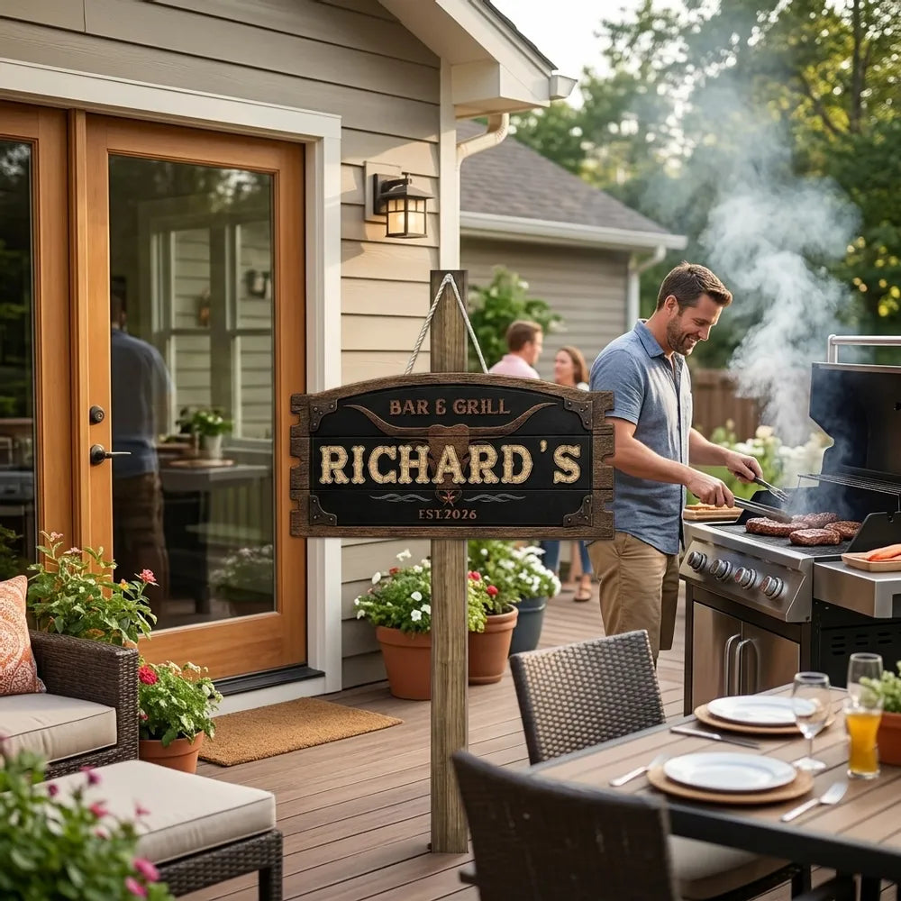 Personalized Rustic Longhorn Wooden Sign, Bar & Grill Decor, Unique Gift for Home Cooks
