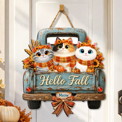 Personalized Wooden Sign with Cats in a Teal Vintage Truck, Rustic Fall Decor, Unique Gift for Cat Lovers