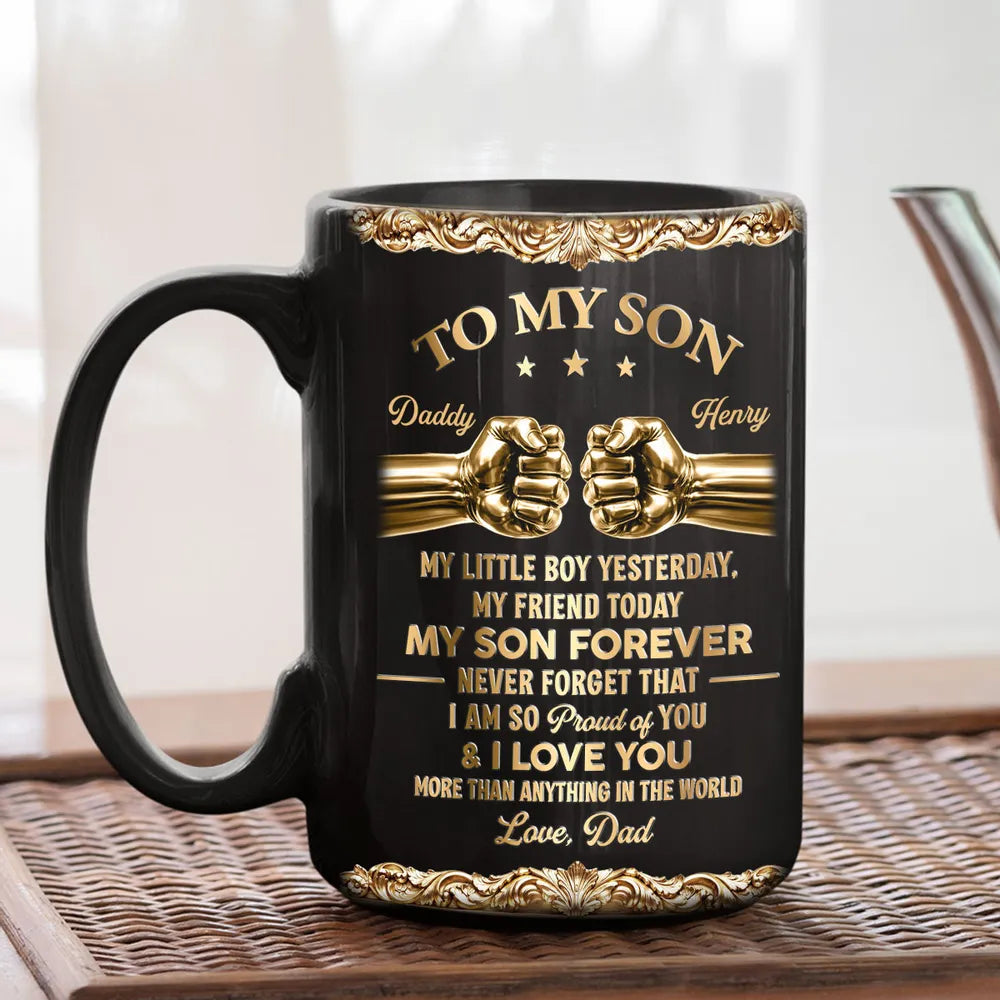 Personalized Full Color Mug, Black & Gold Fist Bump Design for Son, Unique Gift from Dad