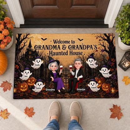 Personalized Standard Doormat, Seated Grandparents in Warm Orange Haunted House, Unique Halloween Gift for Grandparents