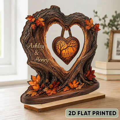 Personalized 2-Layer Wooden Plaque, Fall Heart Tree with Couple Silhouette, Unique Anniversary Gift