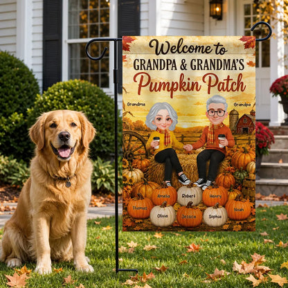 Grandparents Holding Hands in a Pumpkin Patch Garden Flag, Personalized Family Welcome, Creative Fall Gift