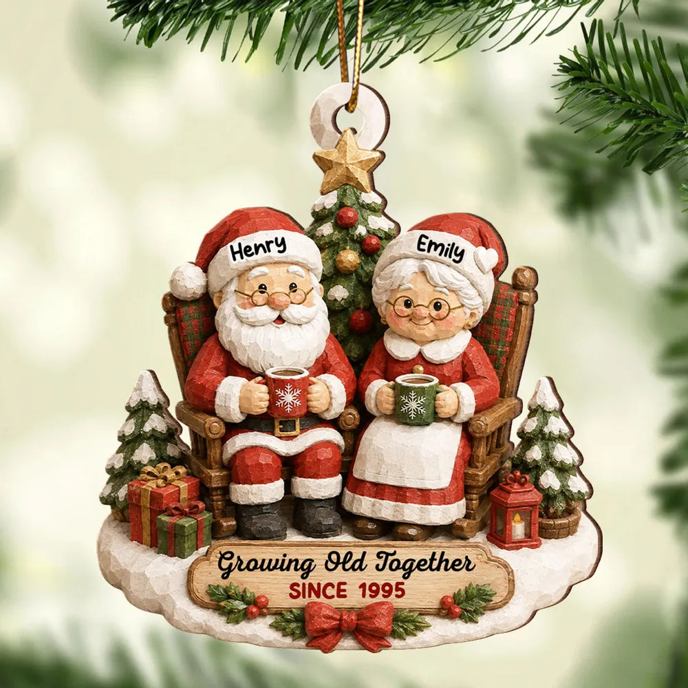 Personalized Wooden Ornament, Rustic Santa Couple Holding Mugs by a Christmas Tree, Unique Gift for Couples