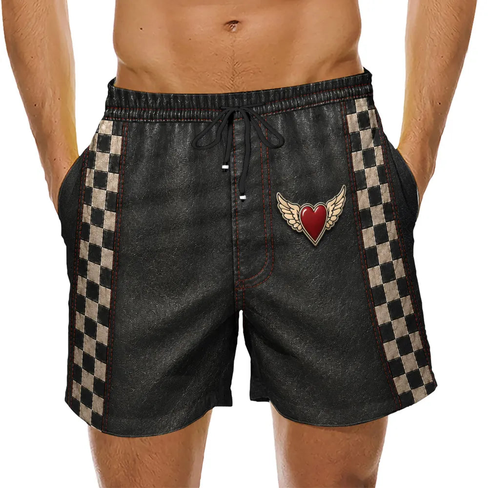 Personalized Men's Beach Shorts, Black Checkered Design for Drinks at a Sunny Beach Bar, Unique Gift for Him