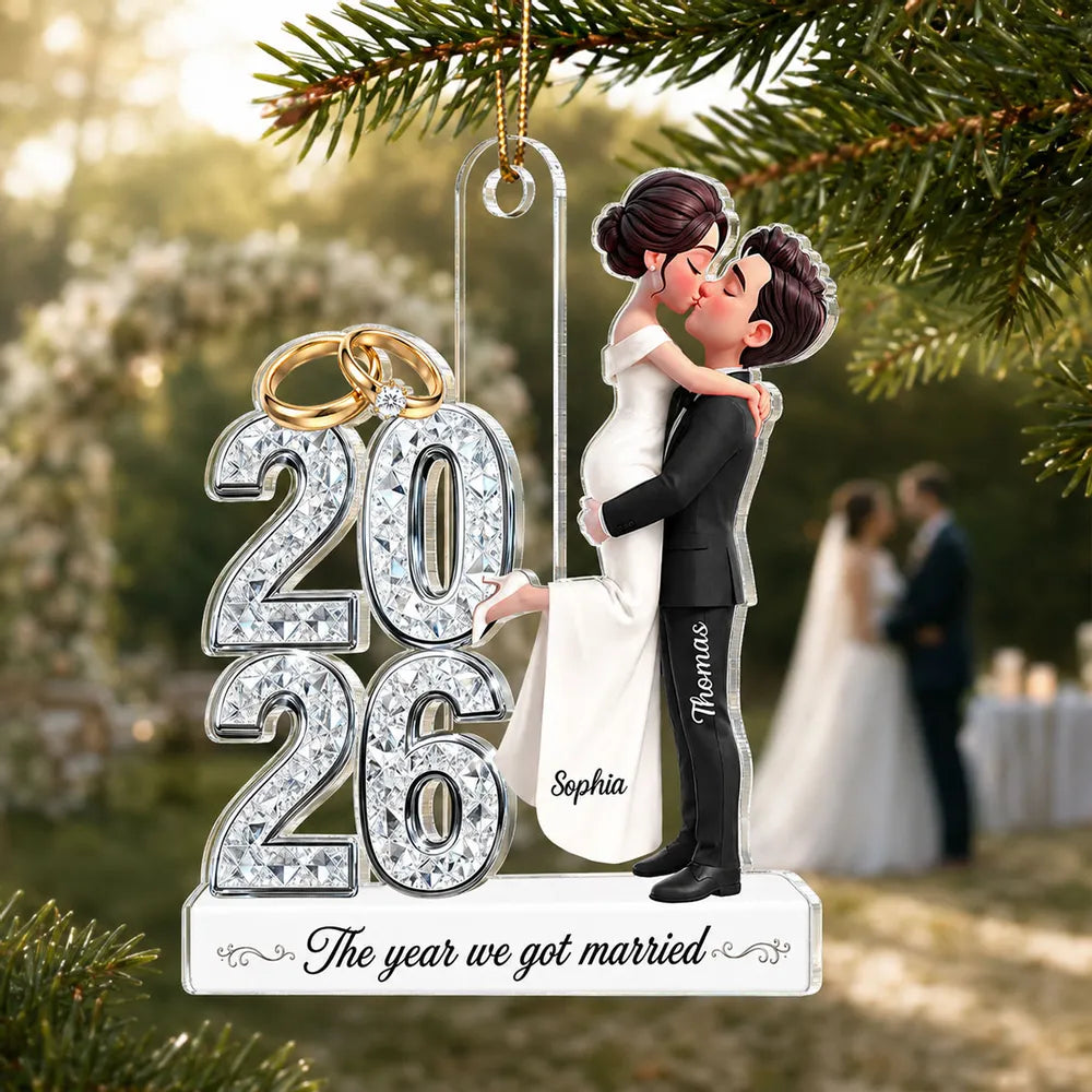 Personalized Acrylic Ornament with Kissing Newlyweds, Unique Wedding Keepsake Gift for Couples