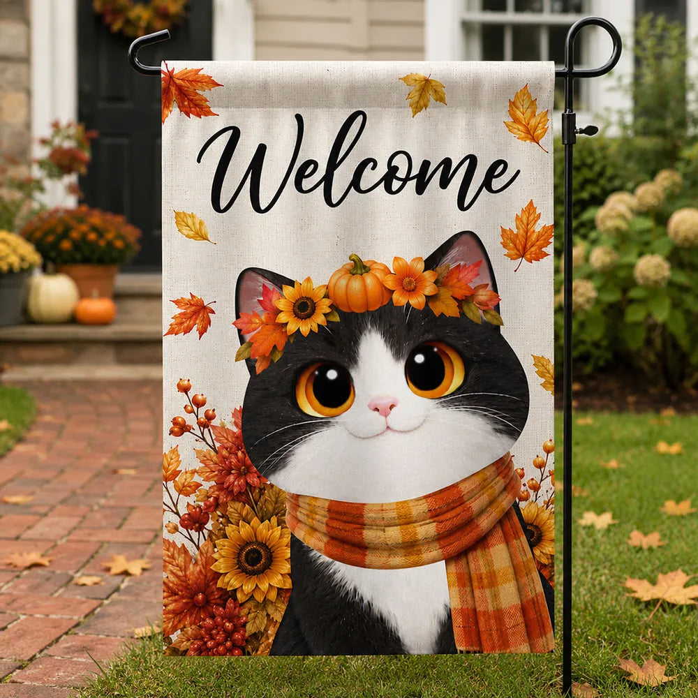 Personalized Garden Flag with Cute Cat in Scarf, Autumn Yard Decor and Unique Gift for Cat Lovers