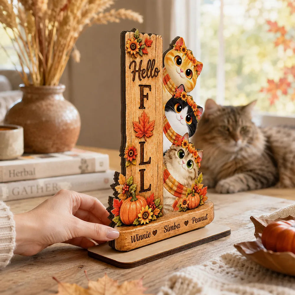Hello Fall Wooden Plaque, Peeking Cartoon Cats and Autumn Leaves, Personalized Keepsake and Creative Gift for Pet Owners