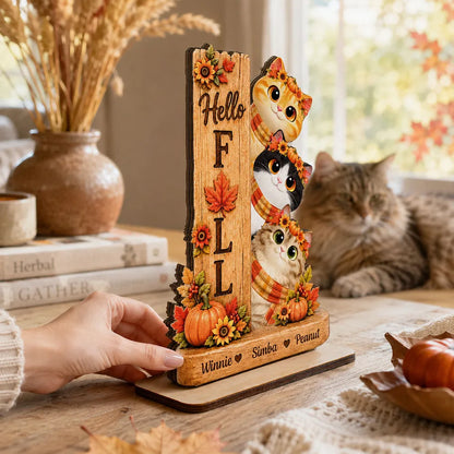 Hello Fall Wooden Plaque, Peeking Cartoon Cats and Autumn Leaves, Personalized Keepsake and Creative Gift for Pet Owners