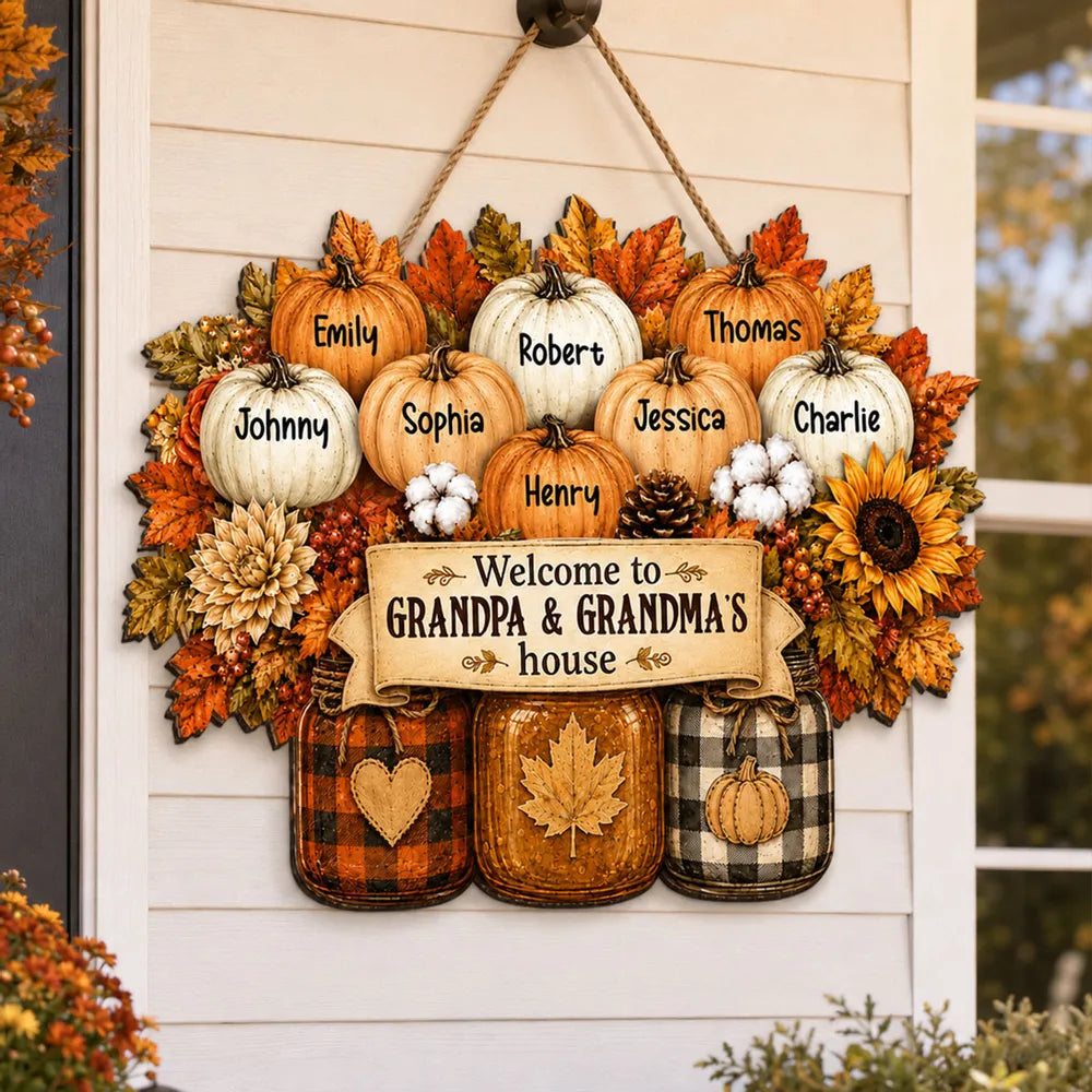 Personalized Wooden Sign with Fall Pumpkins for Porch Decor, Unique Gift for Grandma and Grandpa