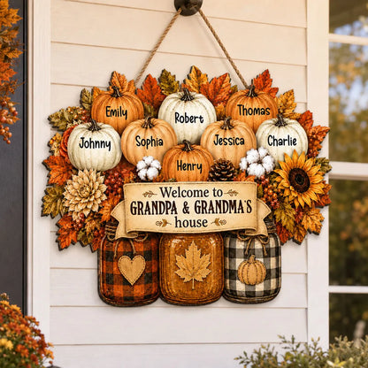 Personalized Wooden Sign with Fall Pumpkins for Porch Decor, Unique Gift for Grandma and Grandpa