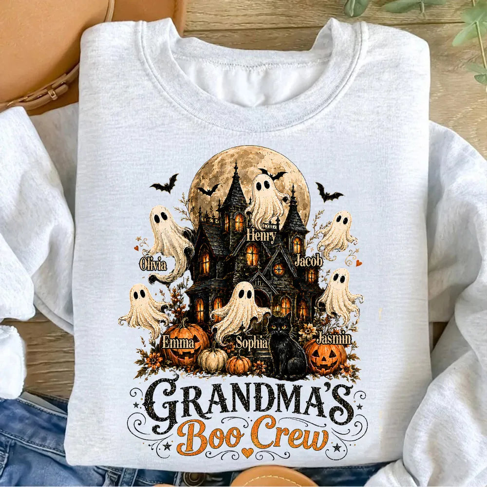 Personalized Classic Tee, Floating Ghosts at a Moonlit Haunted House, Unique Halloween Gift for Grandma